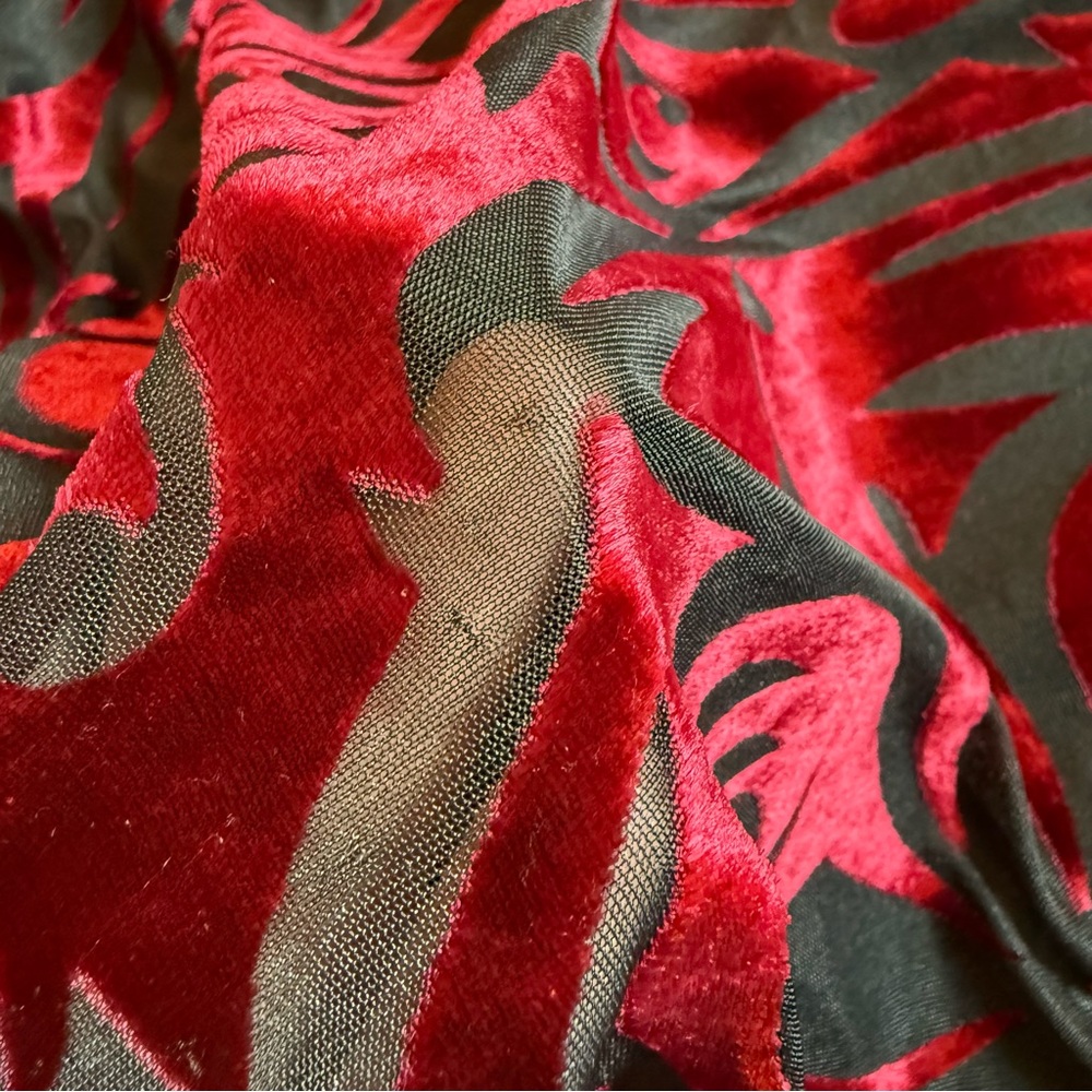 Vintage 90s/Y2K Betsey Johnson Blood Red Gothic Scroll Crushed Velvet Maxi Dress - Picture 12 of 12